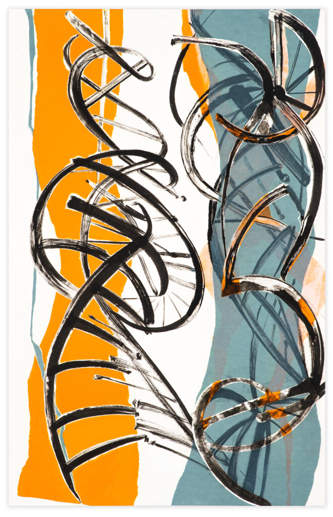 A painting of spirals and lines in orange, blue and black.