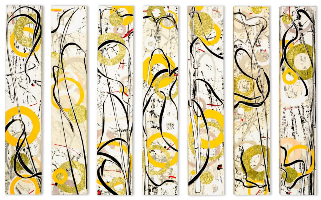 A series of paintings with yellow and black swirls.